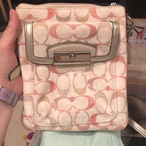 pink sliver and brown coach purse